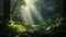 Bright sunlight through lush green foliage in tropical jungle, dappled shadows on forest ground