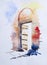 Bright sunlit door, watercolor painting with large copyspace. white background. Hand painted with watercolor paint and brushes