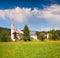 Bright sunny morning in Gosau village with Christianity churh.