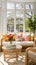 A bright sunroom with a 3D floral wall pattern, paired with wicker furniture