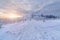 Bright sunset in snowy Silesian Beskid mountains