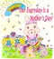 Bright sweet `Happy Mother`s Day` cartoon bunny rabbit family celebrating with flower gifts 2021