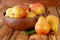 Bright sweet pears still life. Ripe pears on wooden background