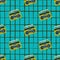 Bright tape recorder shapes doodle seamless pattern. Yellow 80s music simple print on blue chequered background