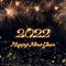 Bright text 2022 Happy New Year made of sparkler on black background. Greeting card design