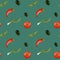 Bright tomato, pepper texture digital seamless pattren on a green background. Print for banners, wrapping paper, posters, cards, i