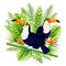 Bright toucan birds with tropical leaves and flowers - for Your summer design