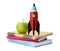 Bright toy rocket and school supplies on white