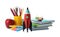 Bright toy rocket and school supplies on white background