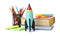 Bright toy rockets and school supplies on background