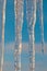 Bright transparent icicles against the background of the blue sky.