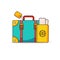 Bright travel luggage with passport and ticket. Isolated on a white background. Vector illustration