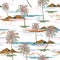 Bright and trendy Aloha monotone blue seamless island pattern vector. Landscape with palm trees,beach and ocean vector hand drawn