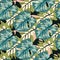 Bright tropic seamless pattern with doodle monstera multicolor ornament. Blue, green and pink colored exotic foliage on dark