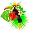Bright tropical composition with toucan palm and flowers