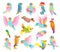 Bright Tropical Parrot Bird with Colorful Feathers and Beak Big Vector Set