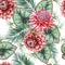 Bright  tropical seamless pattern with flowers. Etlingera. Dahlia.  Watercolor illustration.