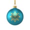 Bright turquoise hanged Christmas tree toy ball with golden snowflake realistic 3d icon vector