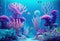 Bright underwater landscape in cartoon style with pink corals and striped fish. AI generated