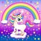 bright unicorn on a cloud with rainbow and stars