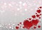 Bright Valentines Day Card with mirrored red hearts, blurred soft focus bokeh of bright silver background