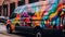 Bright van driving in vibrant city traffic generated by AI