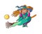 Bright vector happy girl witch on broom with cat. Illustration cheerful, humorous young magician and pet to all saints