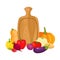 Bright vector illustration of colorful cartoon cutting board and vegetables.