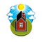 Bright vector illustration of simple country house on sunrise ba