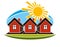 Bright vector illustration of simple country houses on sunrise