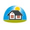 Bright vector illustration of simple country houses on sunrise b