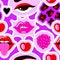 Bright vector seamless pattern of eye, lips, berries on purple background. Glamor illustration in 2000s style. Playful