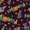 Bright vector seamless pattern to all saints day. Children celebration Halloween. Funny black cats funny flying mouse. A