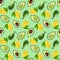 Bright vegetarian Fruit Painted Seamless Pattern hand-drawn in gouache avocado and lemon on light grren background. Design for
