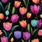 Bright vibrant tulip flowers seamless background with dots of paint splattered. Black background neon colors