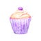 Bright violet cupcake with yellow cream and berry. Vector watercolor illustration.