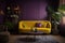 A bright violet living room with a yellow sofa, lamp, and plants, professional photography