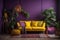 A bright violet living room with a yellow sofa, lamp, and plants, professional photography