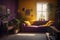 A bright violet living room with a yellow sofa, lamp, and plants, professional photography