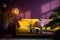 A bright violet living room with a yellow sofa, lamp, and plants, professional photography