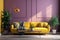 A bright violet living room with a yellow sofa, lamp, and plants, professional photography