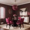 Bright viva magenta 2023 colour dining room. Black round table and colorful carmine red crimson chairs. Empty wall blank for art,