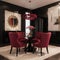 Bright viva magenta 2023 colour dining room. Black round table and colorful carmine red crimson chairs. Empty wall blank for art,