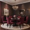 Bright viva magenta 2023 colour dining room Black round table and colorful carmine red crimson chairs Empty wall blank for art