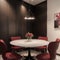 Bright viva magenta 2023 colour dining room Black round table and colorful carmine red crimson chairs Empty wall blank for art