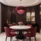 Bright viva magenta 2023 colour dining room Black round table and colorful carmine red crimson chairs Empty wall blank for art