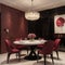 Bright viva magenta 2023 colour dining room Black round table and colorful carmine red crimson chairs Empty wall blank for art