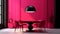 Bright viva magenta 2023 colour dining room. Black round table and colorful carmine red crimson chairs. Empty wall blank for art,