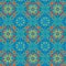 Bright vivid red and blue floral symmetrical repeating pattern in Islamic style