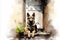 bright watercolor illustration, German Shepherd in front of an atmospheric door to a house, sobbing pots of flowers